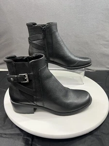 Anne Klein Lucille Ankle Boots Booties Women SZ 7 Moto Black Leather Straps Zip - Picture 1 of 15