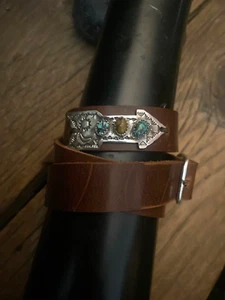 Sundance Leather Stamped Sterling Silver Arrow w Turq Cuff Bracelet Hand Forged - Picture 1 of 10