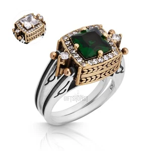 Turkish Reversible Square Emerald and White Topaz 925 Sterling Silver Ring - Picture 1 of 16