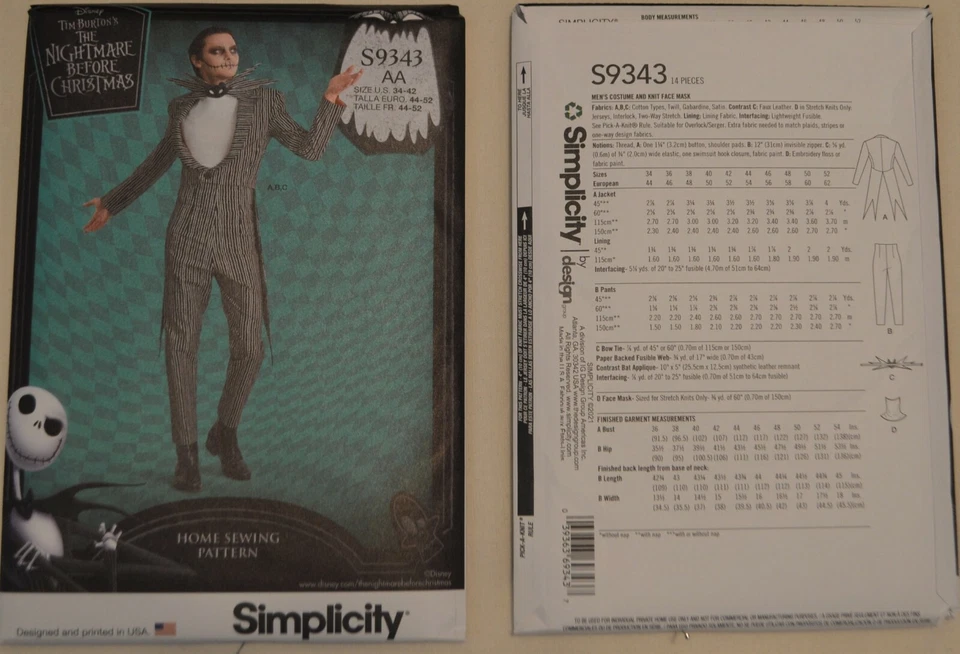 Simplicity- 9343 - Nightmare before Christmas, Jack Skellington, Men's Costume - Image 1 of 1