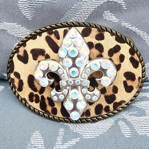 Leopard Print Belt Buckle With Rhinestone Fleur De Lis & Brass Backing - Picture 1 of 6