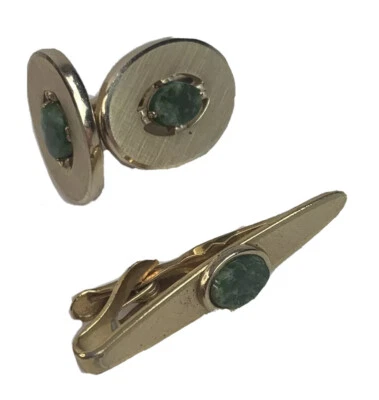 Juego Pentágono Gemelos Vintage Swank Ovalados Verde Ágata Tono Dorado Clip Barra Foto 1 de 4