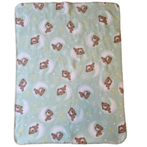 Baby Connection Fleece Blanket Green Teddy Bears Moon Stars Nighttime 30x38 - Picture 1 of 7
