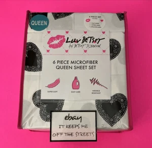 6 pc Luv Betsey by Betsey Johnson Queen Sheet Set Black Lace Hearts on White NWT - Picture 1 of 6