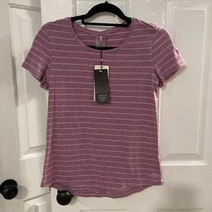 NEW WITH TAGS CALIA SHORT SLEEVE RELAXED FIT MAUVE STRIPE TSHIRT XS - Picture 1 of 4