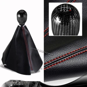 JDM PVC Leather Red Stitch Manual Shift Boot + T-R 6-Speed Carbon Shifter Knob - Picture 1 of 7