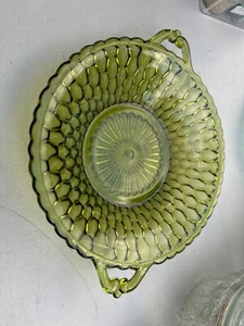 Vintage Indiana Glass Avocado Green Two Handled Honeycomb Relish/Candy Dish Bowl - Picture 1 of 1