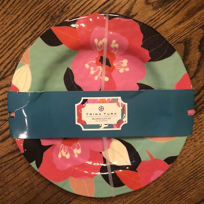New! Trina Turk Floral Melamine Dinner Plate Set of 4 Pink Green Blue Orange HTF - Image 1 of 4