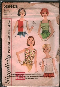 3963 Vintage Simplicity Sewing Pattern Juniors 1960s Tank Top Shirt Blouse 11 - Picture 1 of 1