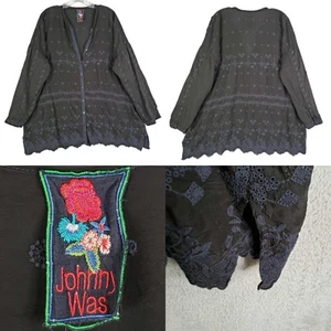 Top túnica Johnny Was abotonada negra bordada columpio boho para mujer Plus 2X - Imagen 1 de 11