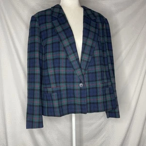 Vintage Plaid Jacket Blazer 42 Navy Blue Green Wool - Picture 1 of 6