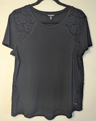 Blusa Top Express Talla L Encaje Negra Camisa Manga Corta Elegante Bisiness Foto 1 de 4