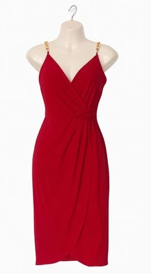 Vestido midi Quiz rojo con nudo ceñido delantero talla 8 Reino Unido correa de cadena dorada fiesta de Navidad Foto 1 de 4