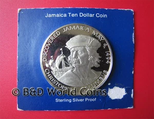 1975 JAMAICA $10 DOLLARS 1.27oz SILVER PROOF COLUMBUS SEALED CARD FRANKLIN MINT - Picture 1 of 3