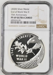 2020 P End of World War 2, WW2 75th Anniversary 1oz Silver Medal Eagle NGC PF69 - Picture 1 of 5