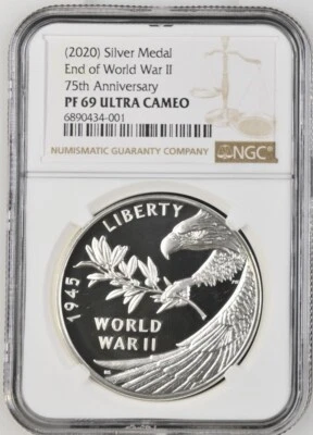 2020 P End of World War 2, WW2 75th Anniversary 1oz Silver Medal Eagle NGC PF69 - Image 1 of 4