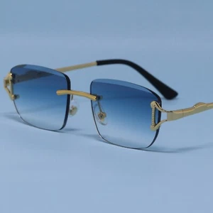 Retro Frameless Sunglasses Gold Blue Tint UV Protection Rectangle Glasses Unisex - Picture 1 of 5