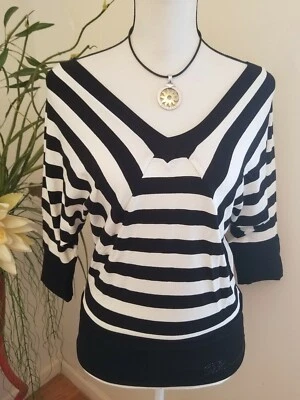 BLUEMARINE TOP BLOUSE 3/4 SLEEVE Beaded Embroidered WHITE BLACK STRIPES  M - Image 1 of 4