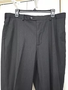 Men's George Size 38X32 Black Pinstriped Flat Front Dress Pants Silky Feel - Picture 1 of 7
