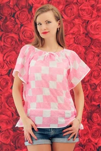Perfina rosa bianco a scacchi top luce camicetta estiva casual estate elegante top - Foto 1 di 10