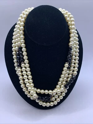 Vintage Carolee 4 Strand Pearl Black Glass Rondel Necklace Marvella - Image 1 of 4