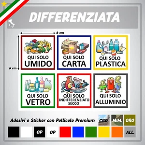 6 ADESIVI RACCOLTA DIFFERENZIATA PITTOGRAMMI PATTUMIERE STAMPA PVC RESISTENTE - Foto 1 di 1