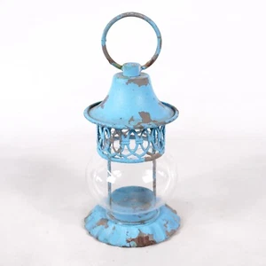 Distressed Blue Metal Candle Holder Lantern Lamp Country Cottage Farmhouse 8" - Picture 1 of 8