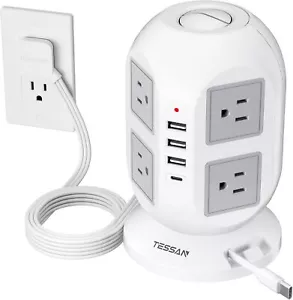 Tower Power Strip Surge Protector Flat Plug Extension Cord 1 Built-in USB Cable - Picture 1 of 7