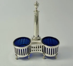Antique French Unique Sterling Silver Double Salt Cellar Blue Crystal 18th C - Picture 1 of 13