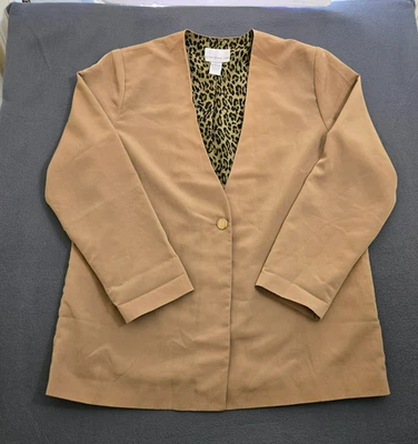 Susan Graver Style Women L Beige One Button V Neck Leopard Print Lined Blazer - Image 1 of 4