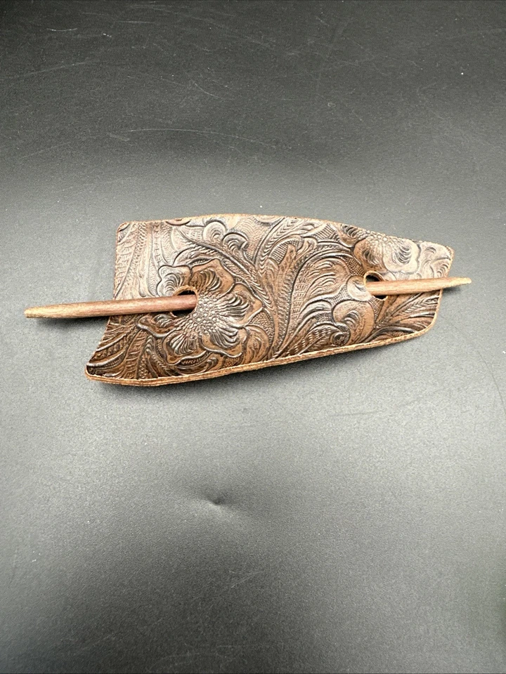 Handcrafted Vintage Leather Hair Slide With Wooden Stick Embossed Floral Design - Image 1 of 4