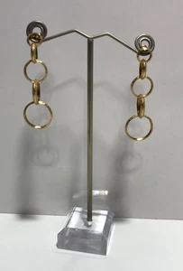 Italian 14k Yellow Gold 2” Long Interlocking Circle Link Dangle Pierced Earrings - Picture 1 of 12