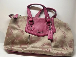 Coach Signature Schultertasche Hobo Tote Handtasche rosa Lederbesatz wandelbar F20027 - Bild 1 von 6