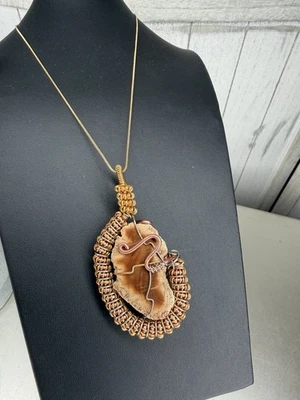 Artisan Rock Wire Wrapped Pendant Necklace Boho Stone Copper Gold OOAK - Image 1 of 4