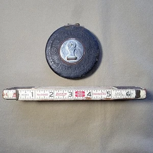 2 Vintage Antique Tape Measure Roe's 50ft Steel Winding & Lufkin 6ft Lock Joints - Picture 1 of 20