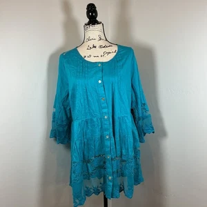 NWT Roamans Womens 14W Teal Blue Lace Trimmed Button Up 3/4 Sleeve Top - Picture 1 of 8