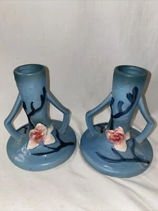 Vtg Roseville Art Pottery Magnolia CandleStick Holders #1157-4 Blue 5-1/2" - Picture 1 of 11