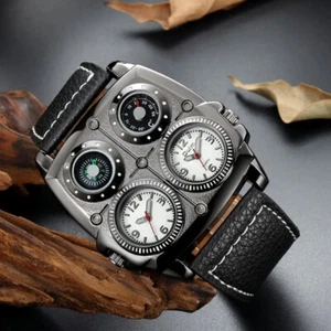 Oulm Men's Dual Time Zone Military Watch Decoration Compass Thermometer Big Face - Foto 1 di 16