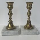 Vintage Mcm Pair Of Brass & Marble Based Taper Candle Sticks - 5.5? Office