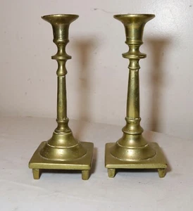 rare pair primitive antique 18th century turned brass candlestick candle holder - Picture 1 of 11