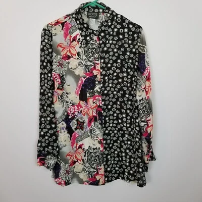 KOOS Of Course Túnica Negra Abstracta Floral Abotonada Puños Manga Larga M Foto 1 de 4