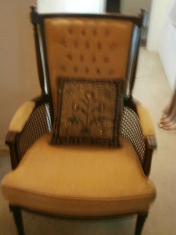 VINTAGE MID-CENTURY LOUNGE CHAIR CANED SIDES UNDER ARMRESTS EITHER SIDEHIGH BACK Cover