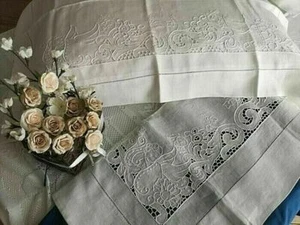 Rich sheet in pure linen with carving embroidery handmade - Picture 1 of 12
