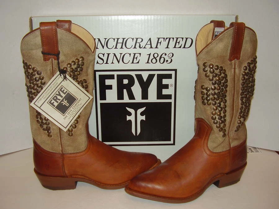 Frye Billy Hammered Stud Leather/canvas Cognac Pull-on Cowboy BOOTS Sz 6m