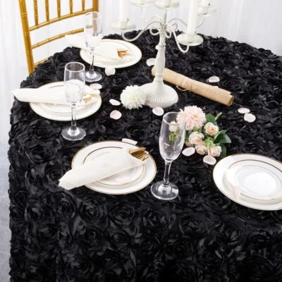 Round Tablecloth 60 Inch Black Rosette Wedding Birthday Party Banquet - Image 1 of 4