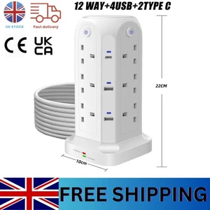 Cavo Prolunga Torre 12 Prese 4 USB 2 Tipo C Indicatore Protezione Sovratensioni Lunghezza 2m - Foto 1 di 16