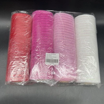 Deco Mesh Metallic Foil Poly Mesh Ribbon 4 Rolls 10 Inch x 30 feet Each Red Pink - Image 1 of 4