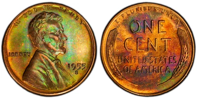 1955-S RAINBOW TONED LINCOLN CENT~PCGS CERTIFIED MS64RB~2 SIDED COLORFUL TONING* - Image 1 of 4