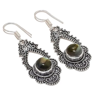 Pendiente de plata de ley 925 con piedras preciosas de labradorita natural 1,9" Q001 Foto 1 de 4