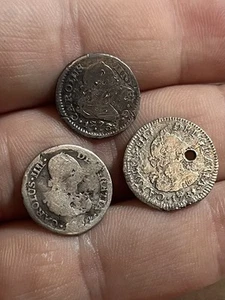LOT OF 3 1700s 1/2 Reale Spanish Colonial Silver Old Coin Seville Mexico Pirate - Picture 1 of 2